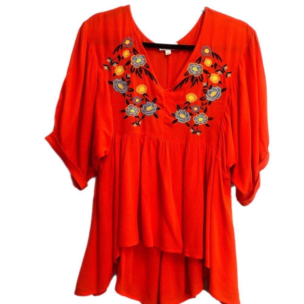 Umgee Embroidered Peasant Blouse Red Balloon Sleeves Swiss Dot Size S